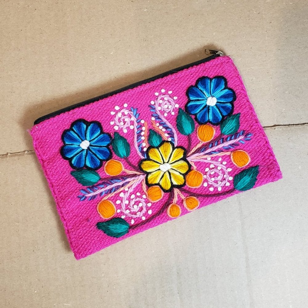 Pink Hand Made Embroidered Floral Cosmetic Bag
